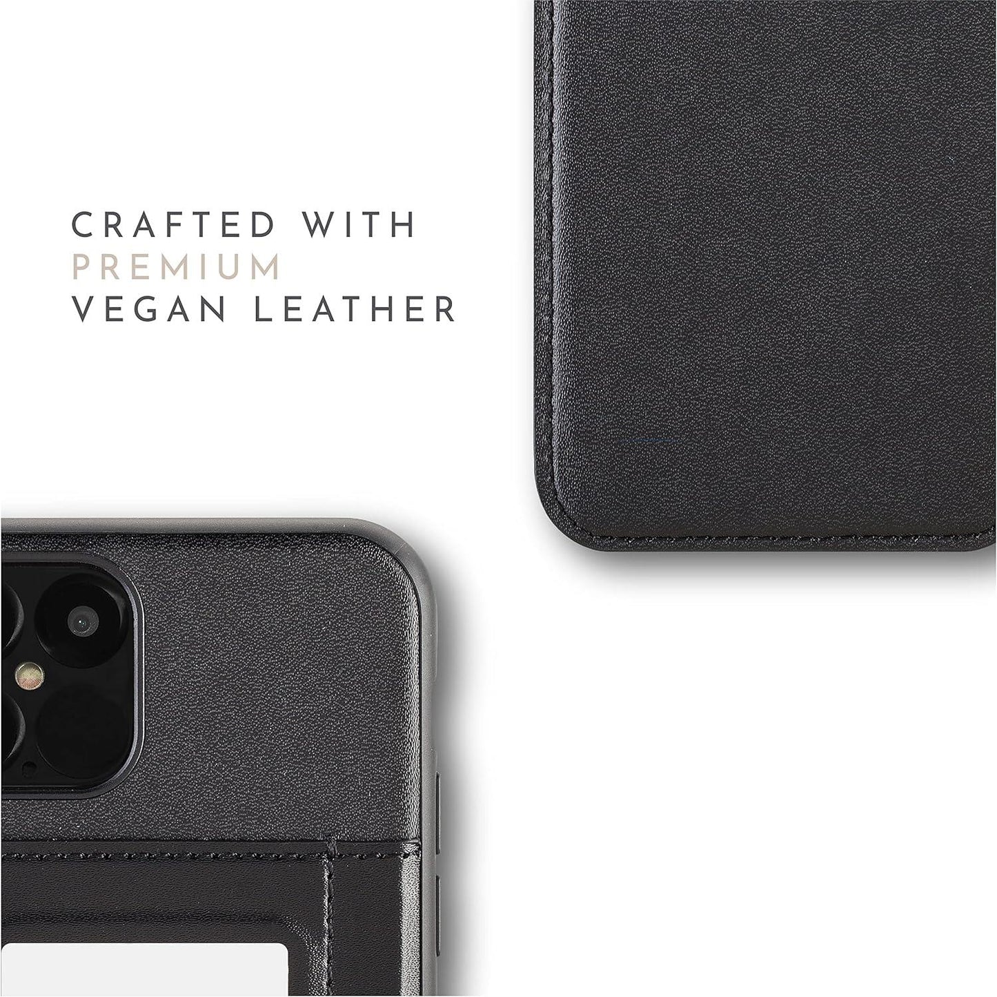 HABITU Folio Collection 2022 Odessa Mirror Black Wallet Case for iPhone 12/12 Pro, Magnetic Vegan Leather Flip Phone Case with Card Pockets Compact Mirror