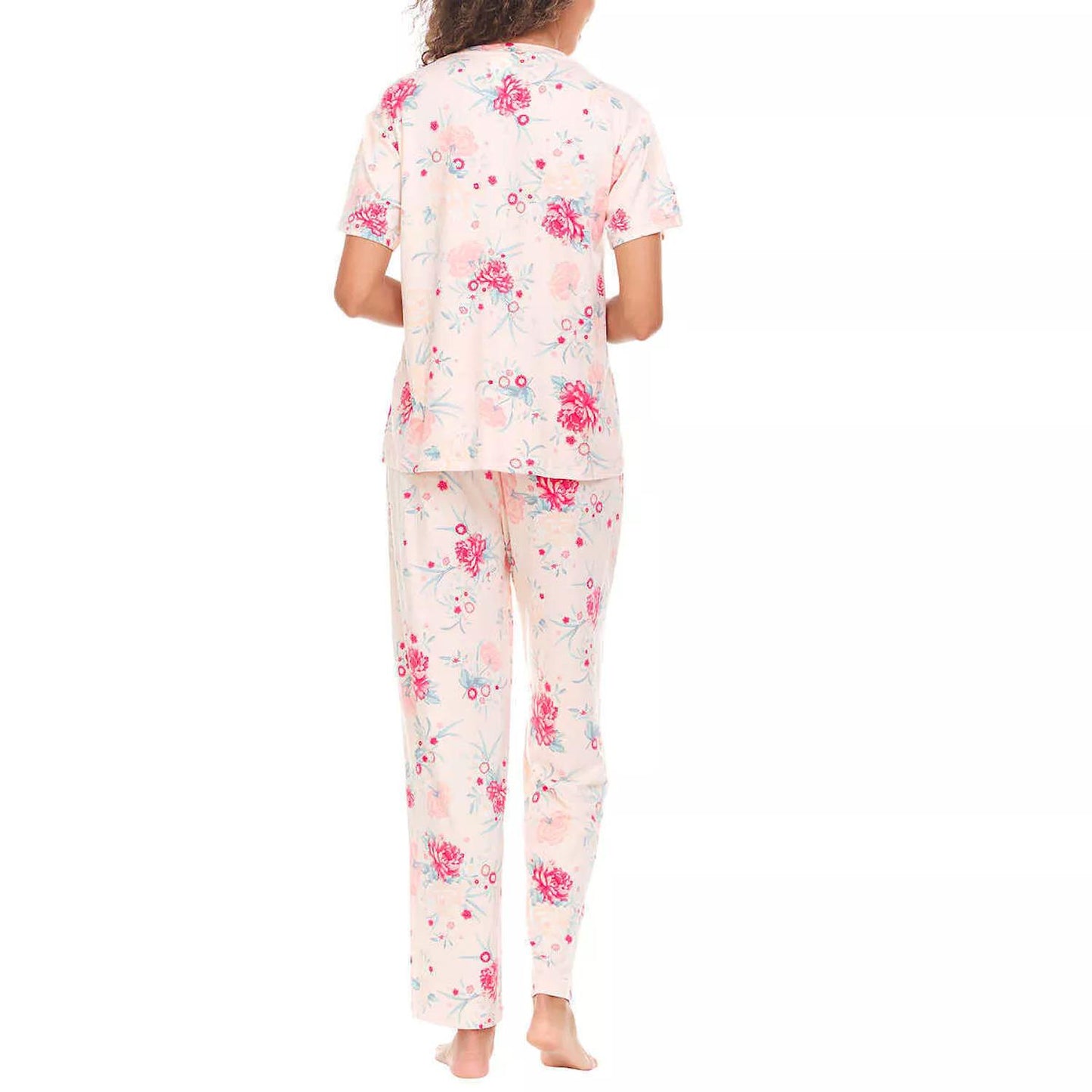 Flora Nikrooz Women's Short Sleeve Button Up Notch Collar and Pants 2 pc Pajama Set Pink M