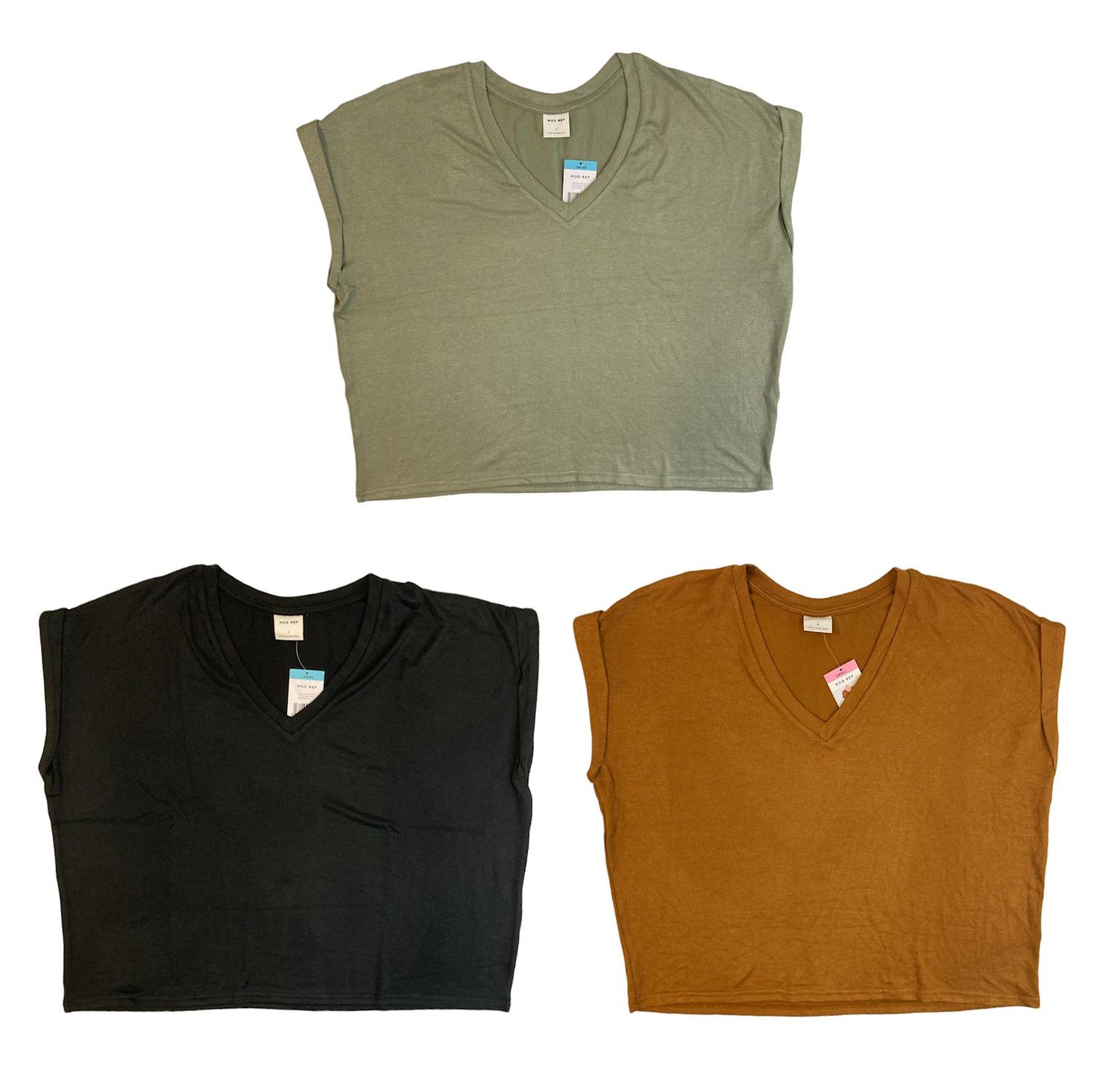 Mod Ref Women's Rolled Cuff Short Sleeve V-Neck Top Lightweight Knit