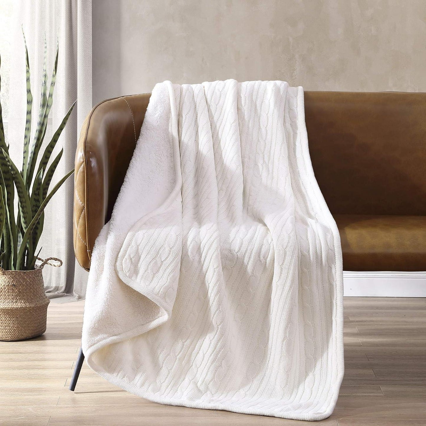 Brielle Home Cozy Cable Knit Throw Blanket - All Season Chic Thick Sweater Knitting for Couch Sofa Bed with Soft Sherpa Lining, Ivory
