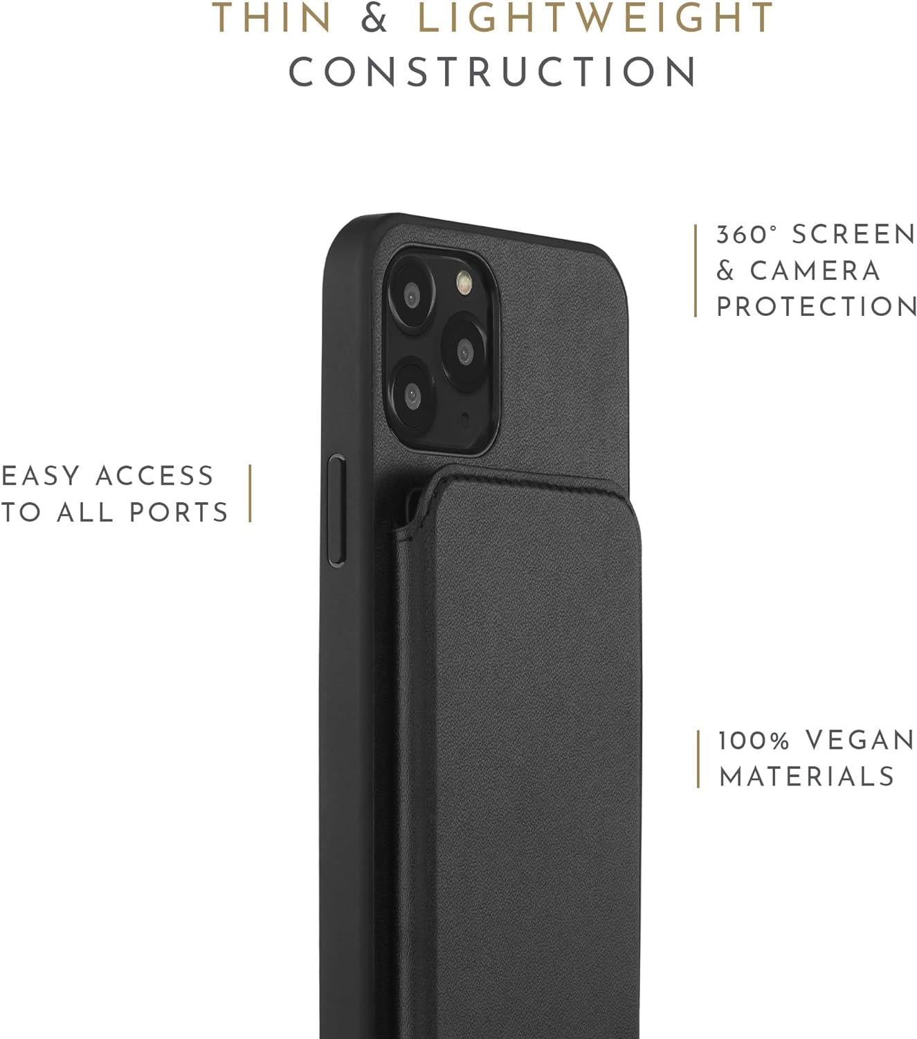 HABITU Folio Collection 2022 Odessa Mirror Black Wallet Case for iPhone 12/12 Pro, Magnetic Vegan Leather Flip Phone Case with Card Pockets Compact Mirror