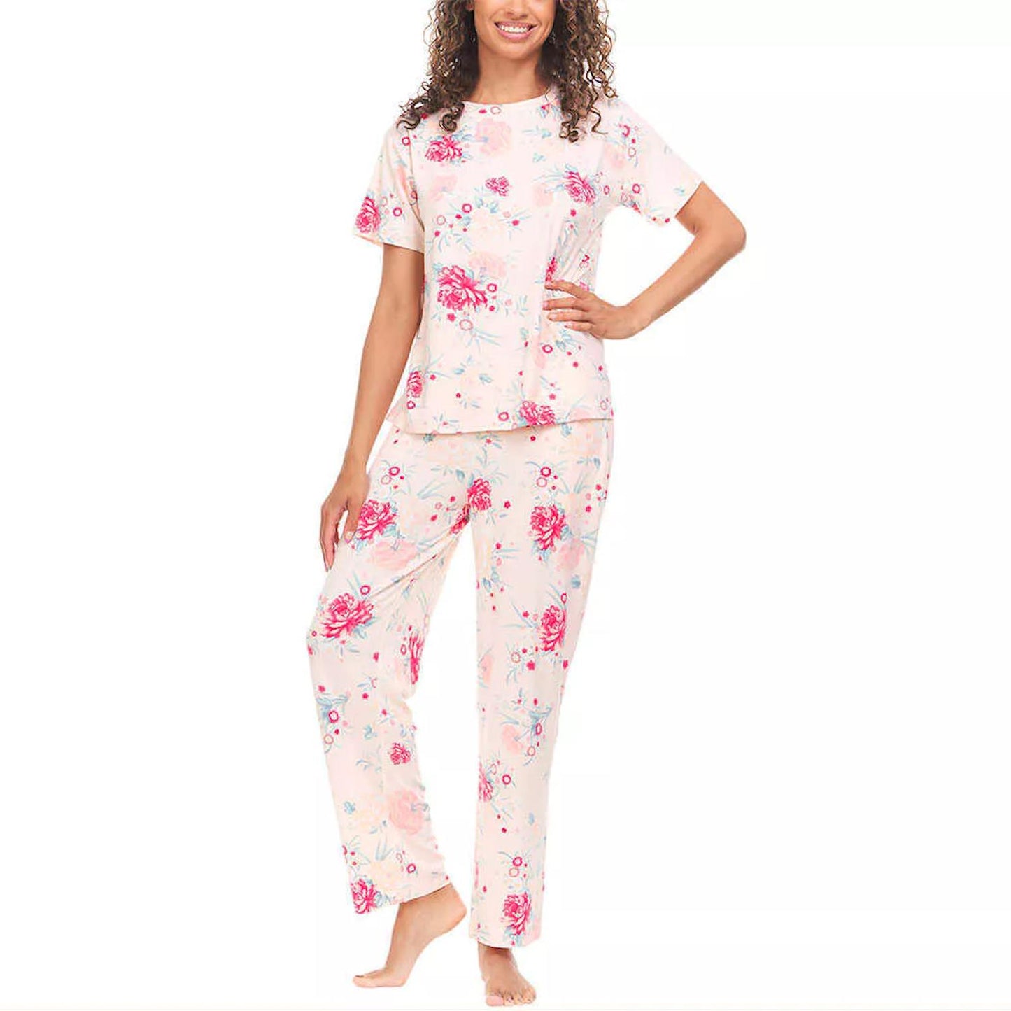 Flora Nikrooz Women's Short Sleeve Button Up Notch Collar and Pants 2 pc Pajama Set Pink M