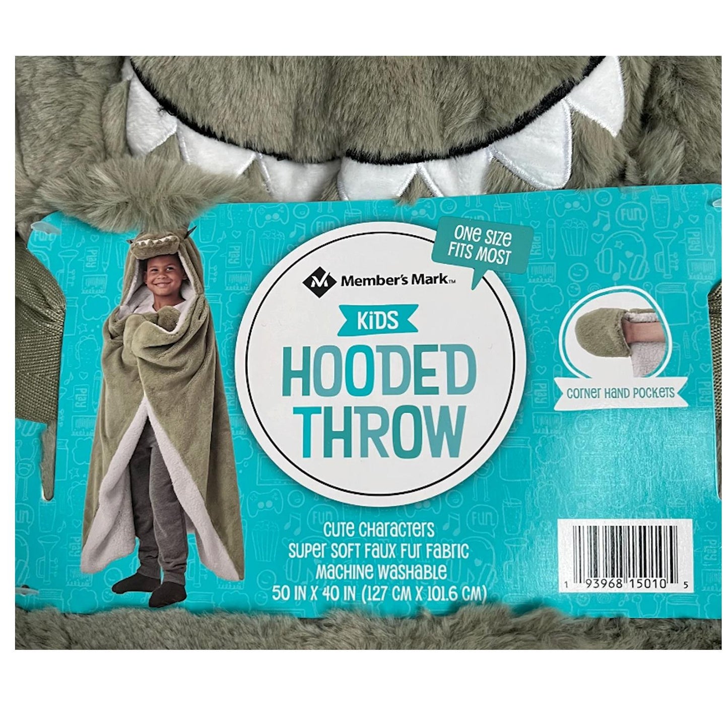 Member’s Mark Kid Faux Fur and Sherpa Green Dinosaur Hooded Throw 50 x 40