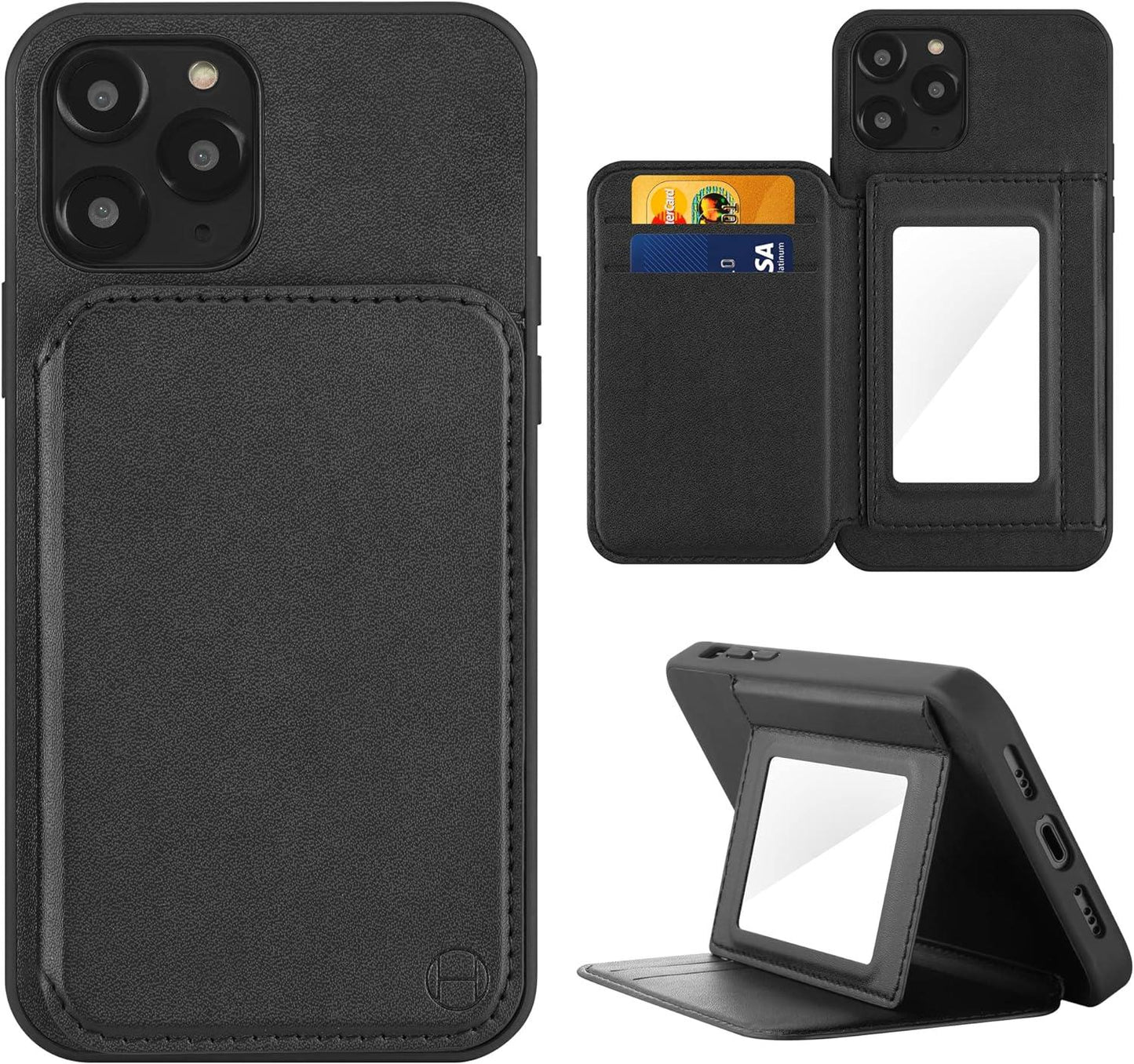 HABITU Folio Collection 2022 Odessa Mirror Black Wallet Case for iPhone 12/12 Pro, Magnetic Vegan Leather Flip Phone Case with Card Pockets Compact Mirror