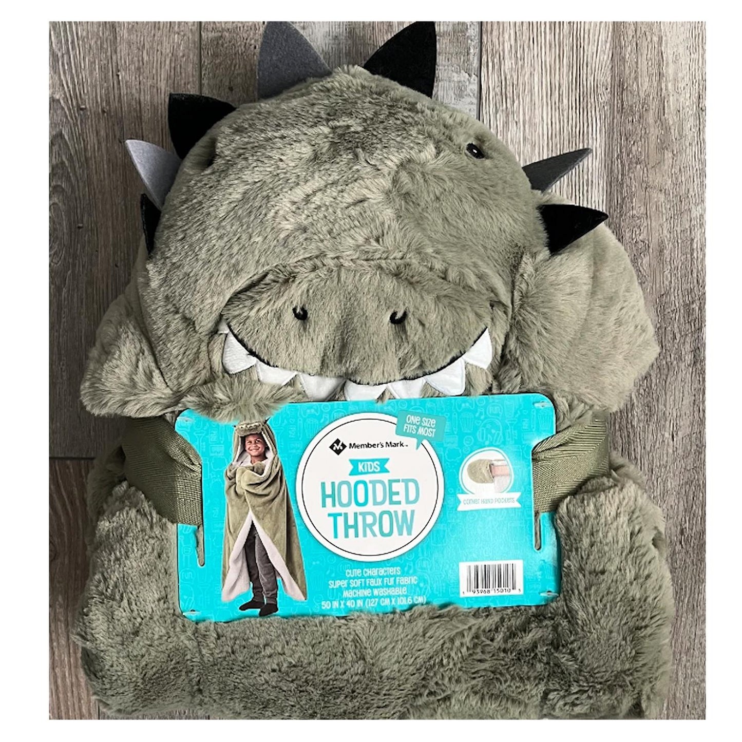 Member’s Mark Kid Faux Fur and Sherpa Green Dinosaur Hooded Throw 50 x 40