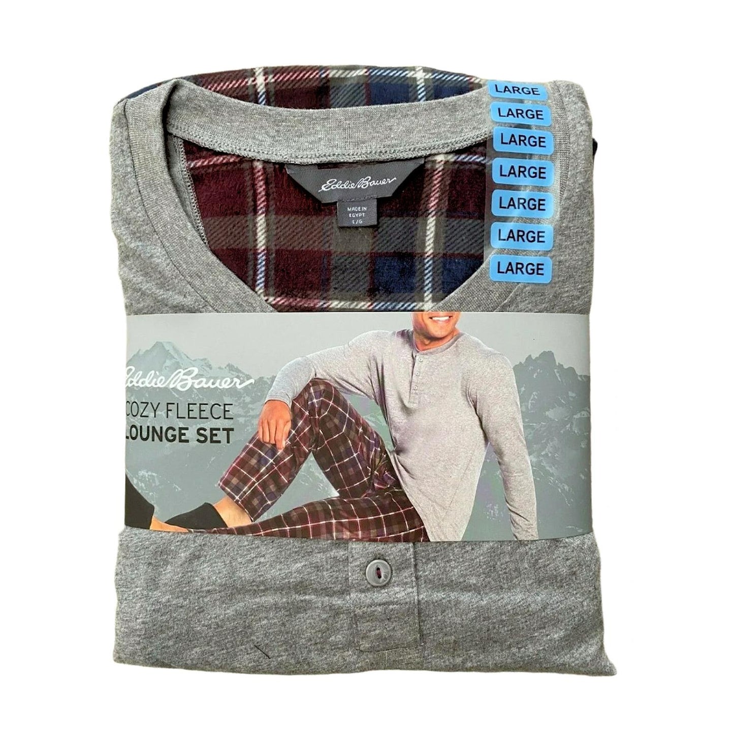 EDDIE BAUER Men Cozy Fleece Lounge Set in Heather Grey/Burgundy Plaid, L