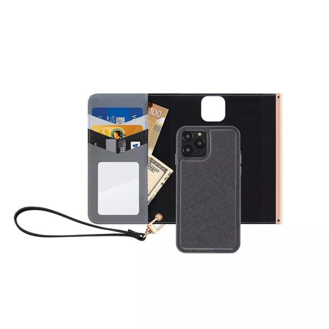 HABITU Eris Tri-Fold Pink Wallet Case for iPhone 12 / 12 pro, Detachable Vegan Leather Magnetic Folio with Card Pockets, Mirror & Strap