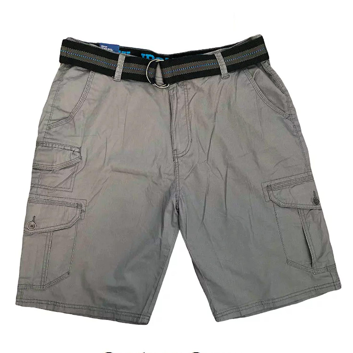 Iron Co Men's Flex Waist D-Ring Belted Multiple Pocket Twill Cargo Shorts (French Gray, 40)