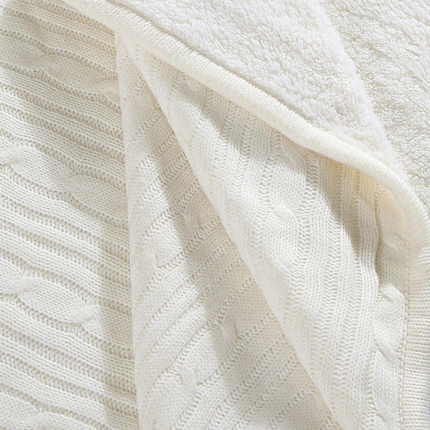 Brielle Home Cozy Cable Knit Throw Blanket - All Season Chic Thick Sweater Knitting for Couch Sofa Bed with Soft Sherpa Lining, Ivory
