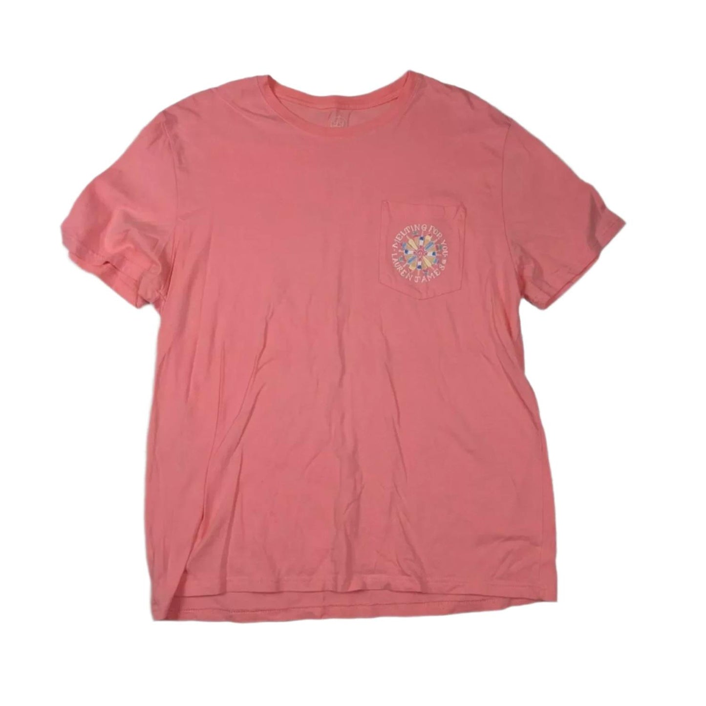 Lauren James Women's Short Sleeve Crew Neck Graphic T-Shirt w/Front Pocket Coral Pink