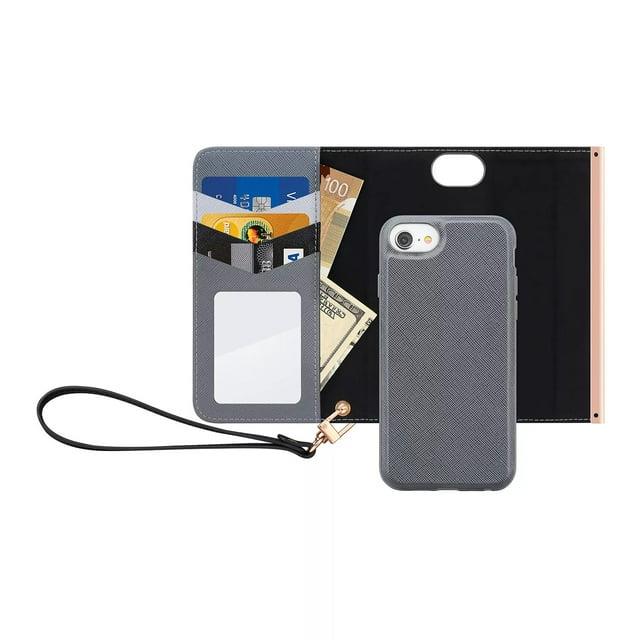 HABITU Eris Tri-Fold Pink Wallet Case for iPhone 6/7/8, Detachable Vegan Leather Magnetic Folio with Card Pockets, Mirror & Strap