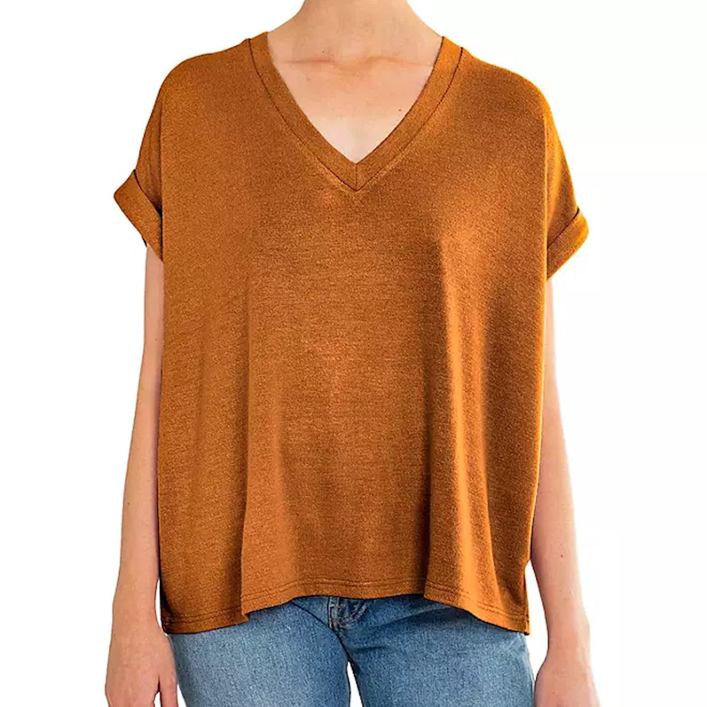 Mod Ref Women's Rolled Cuff Short Sleeve V-Neck Top Lightweight Knit