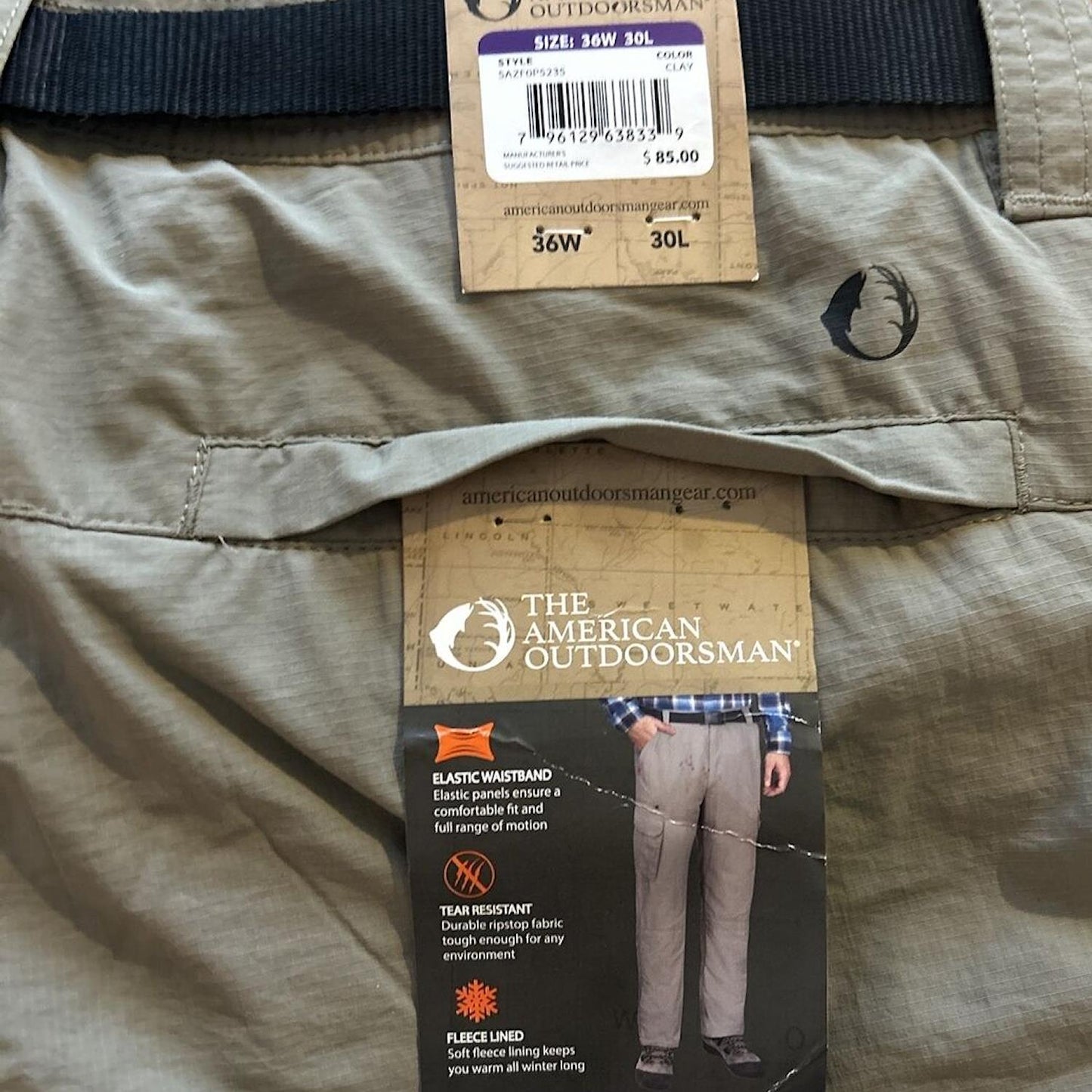 The American Outdoorsman Pants Men's Fleece Lined Cargo Hiking Pants 36x30 Khaki