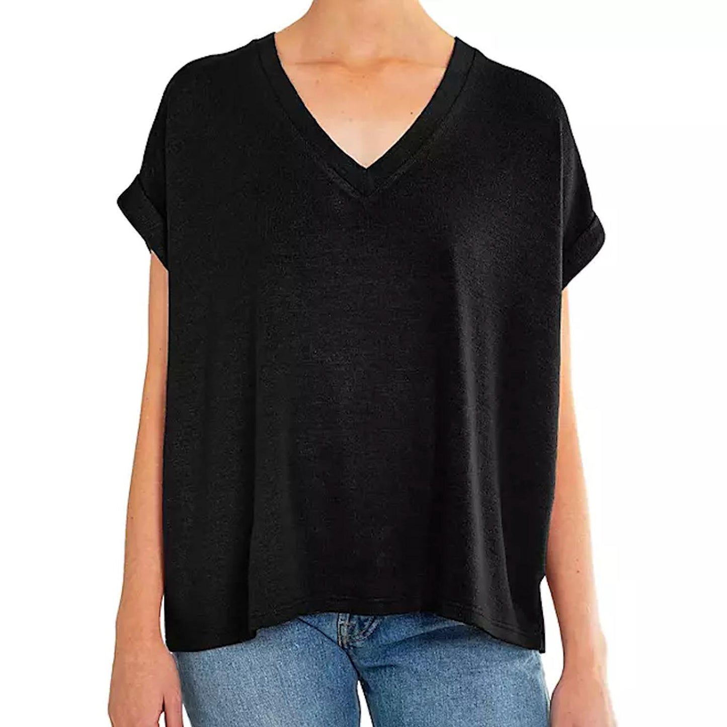 Mod Ref Women's Rolled Cuff Short Sleeve V-Neck Top Lightweight Knit