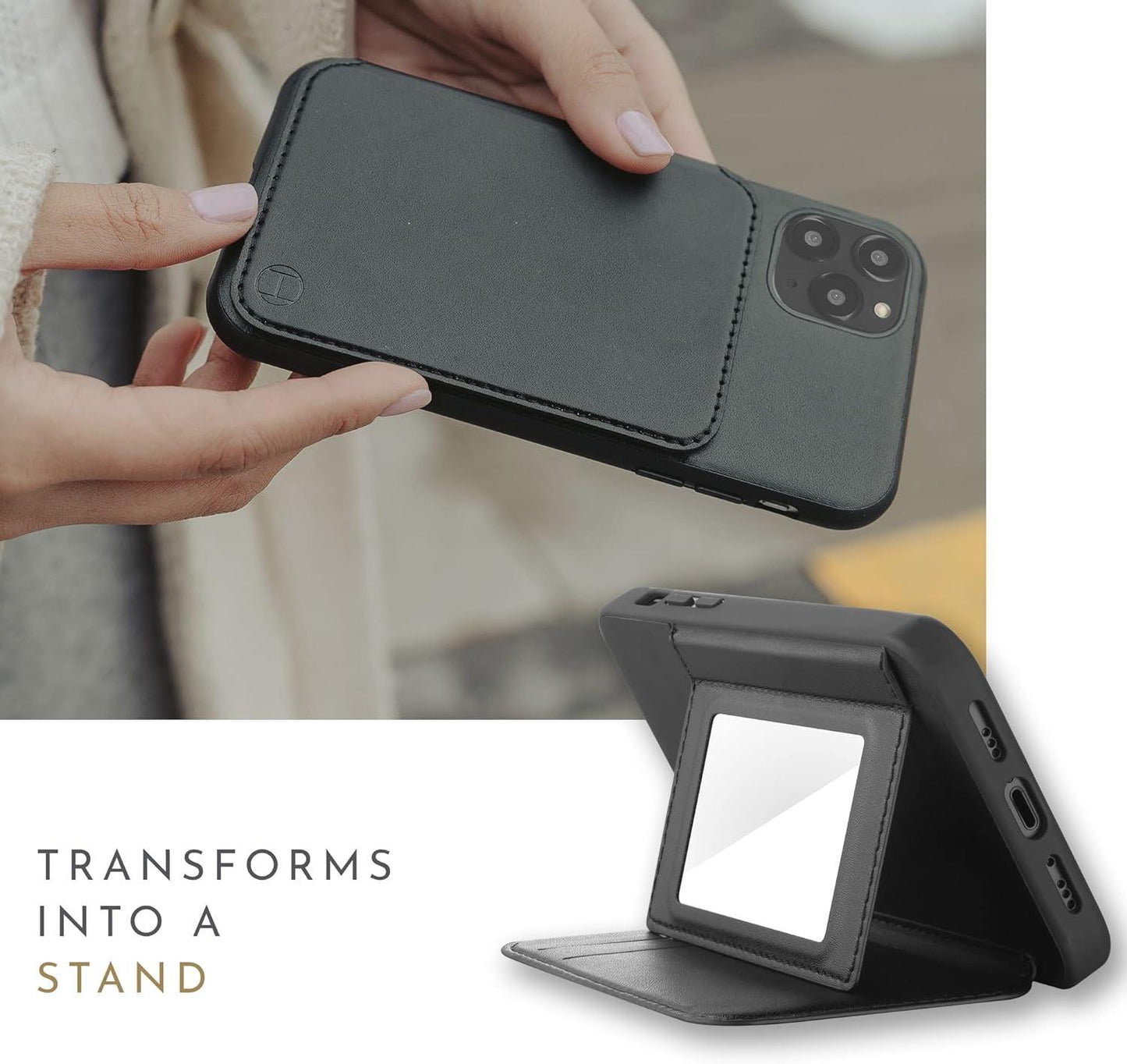 HABITU Folio Collection 2022 Odessa Mirror Black Wallet Case for iPhone 12/12 Pro, Magnetic Vegan Leather Flip Phone Case with Card Pockets Compact Mirror