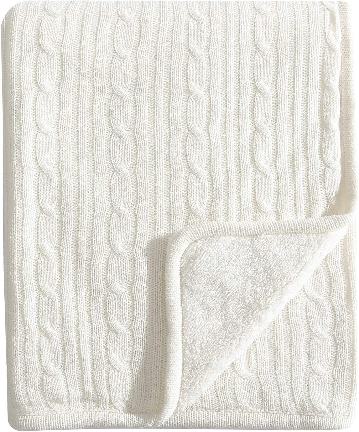 Brielle Home Cozy Cable Knit Throw Blanket - All Season Chic Thick Sweater Knitting for Couch Sofa Bed with Soft Sherpa Lining, Ivory