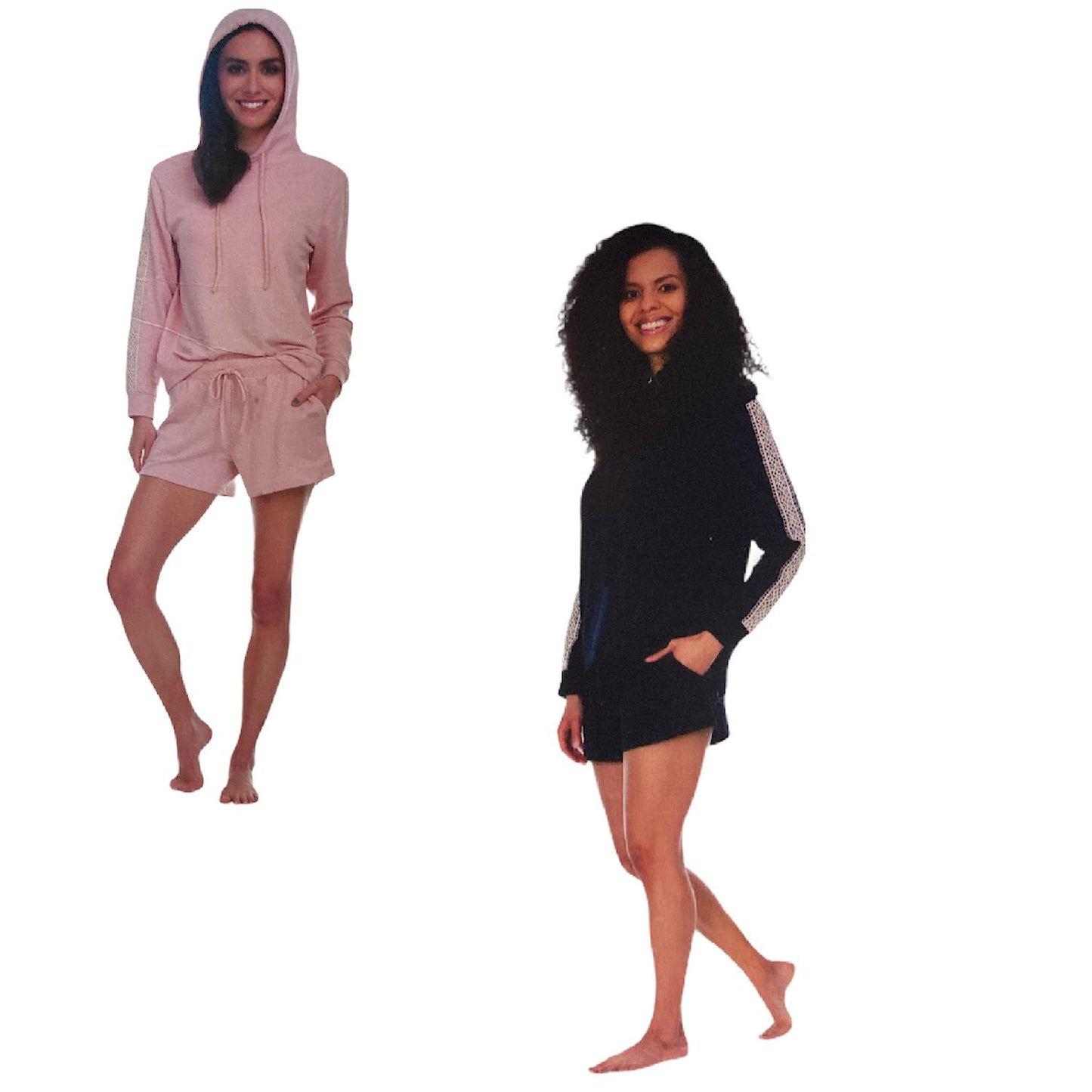 Flora Women's Lounge Brushed Knit Lace Detail Hoodie & Shorts PJ Set