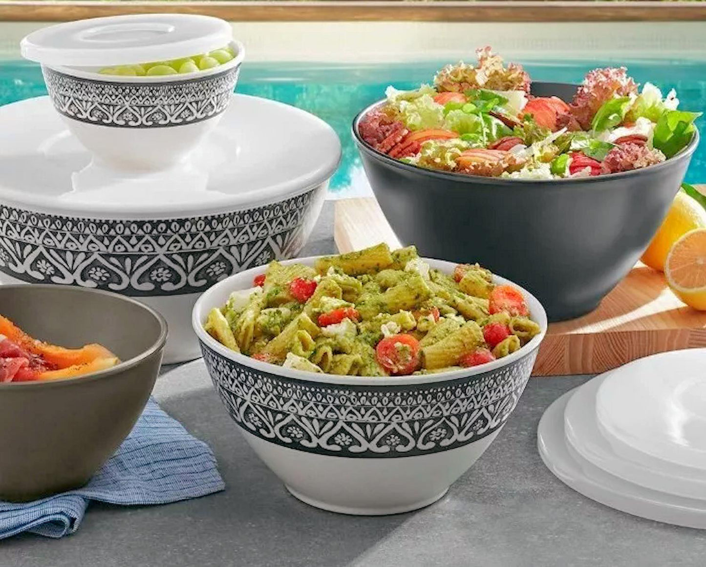 Member's Mark 10 Piece Nesting Mixing Bowl Set with lids Bamboo Melamine MARAKECH