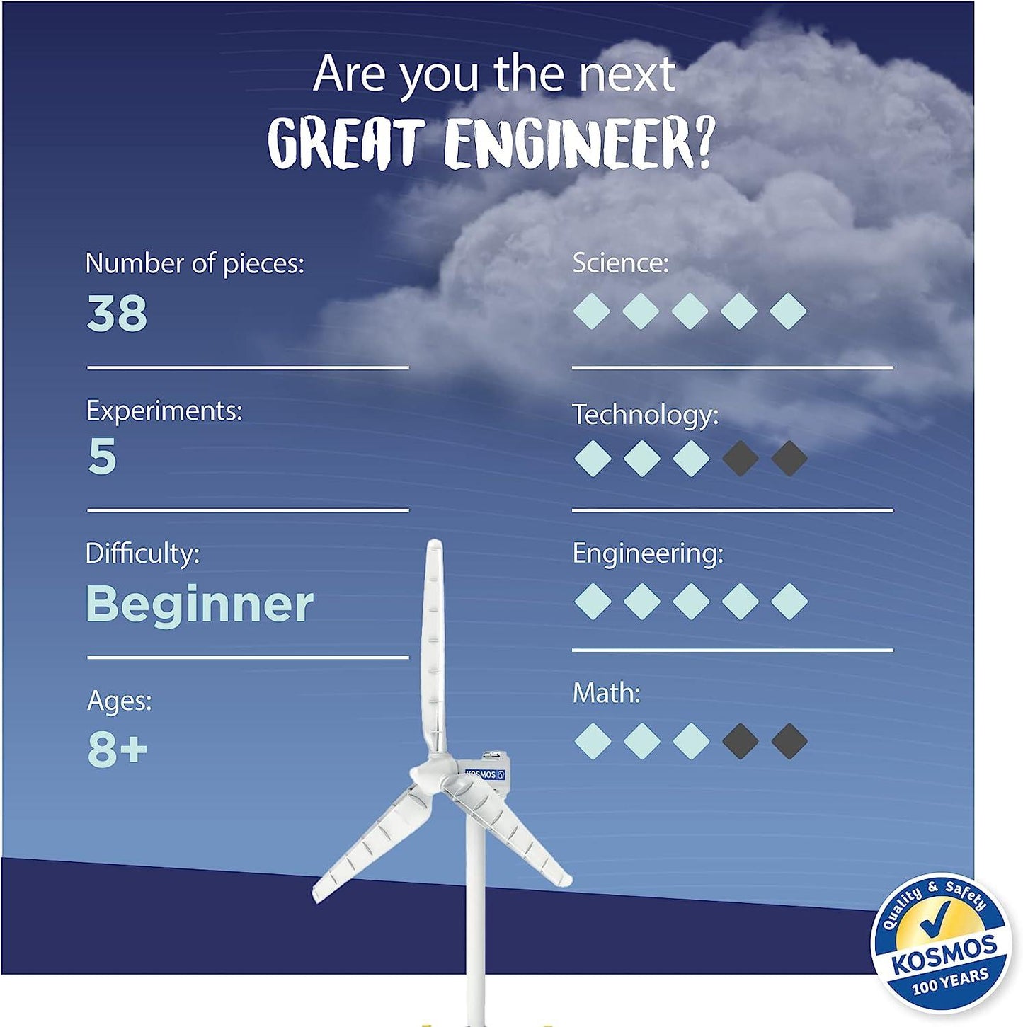 Thames & Kosmos Wind Power V4.0 STEM Experiment Kit | Build a 3ft Wind Turbine to Generate Electricity | Learn About Renewable Energy & Power a Small Model Car