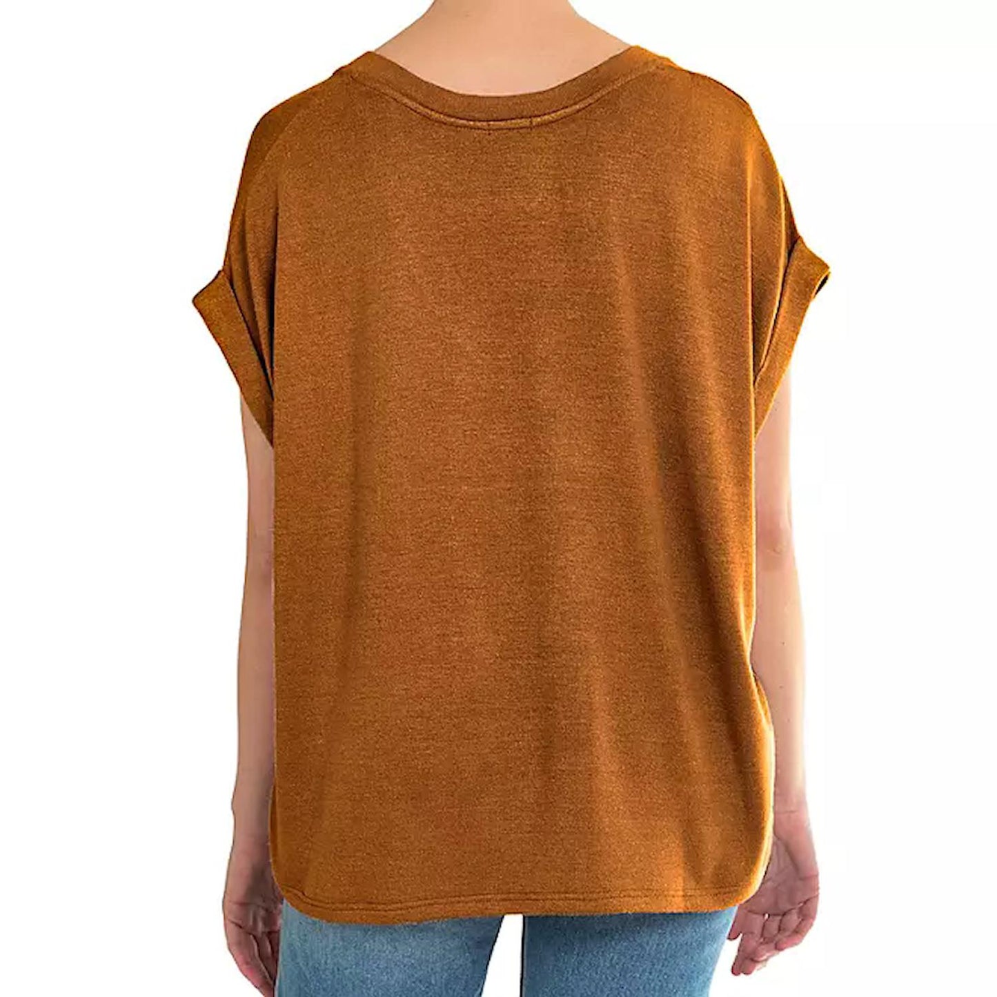 Mod Ref Women's Rolled Cuff Short Sleeve V-Neck Top Lightweight Knit