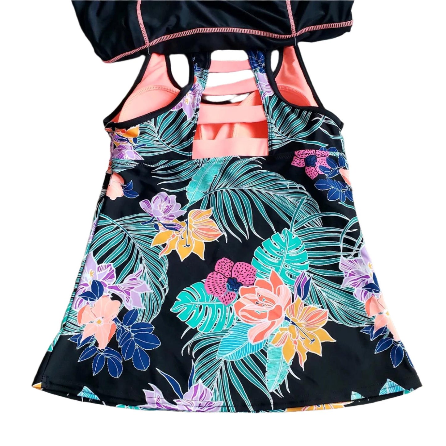 Zeroxposur Black Peach Floral Tankini & Swim Skirt 2 Pc Swimsuit Set