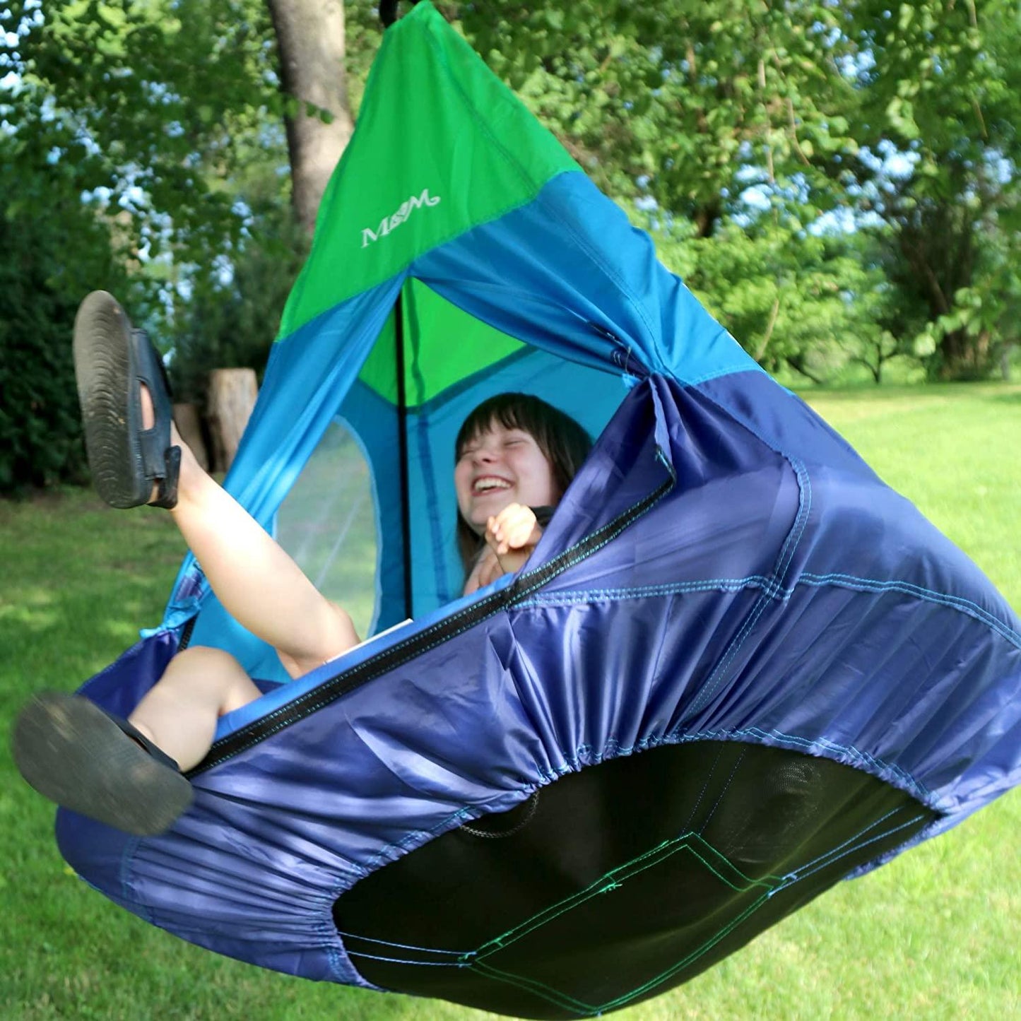 Outdoor Teepee Tent Swing, 40in Textilene Platform Swing, Colorful Detachable Tent, Hanging Tree Fort, 250 Lbs., Single or Multi-Rider, Swing and Spin.