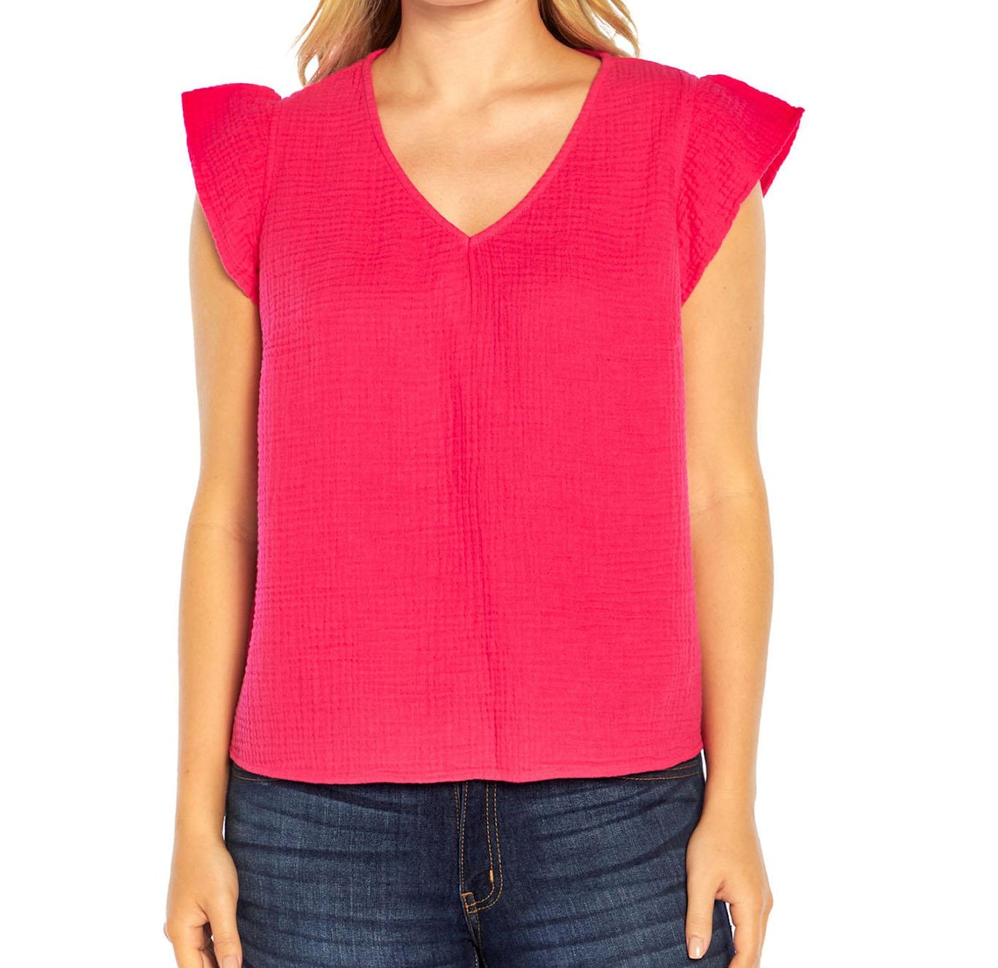Three Dots Short Sleeve V-Neck Double Layer Cotton Gauze Blouse