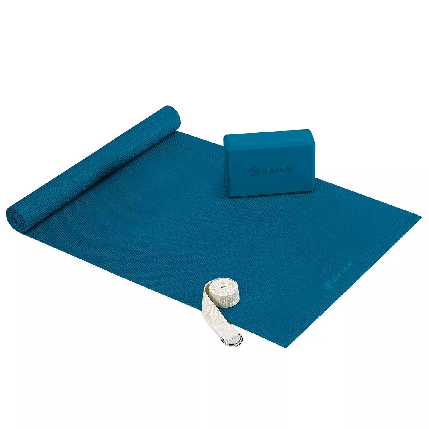 Gaiam 4mm Beginners Yoga Kit (Mat, Block and Strap) Navy