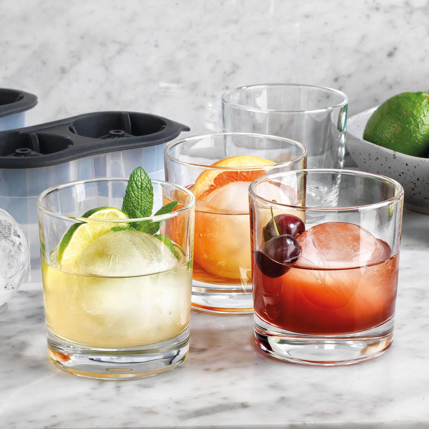 Godinger Whiskey Barware Set - 4 Old Fashion Tumbler Glasses with 2 Chilled Whisky Ice Ball Molds Boundary