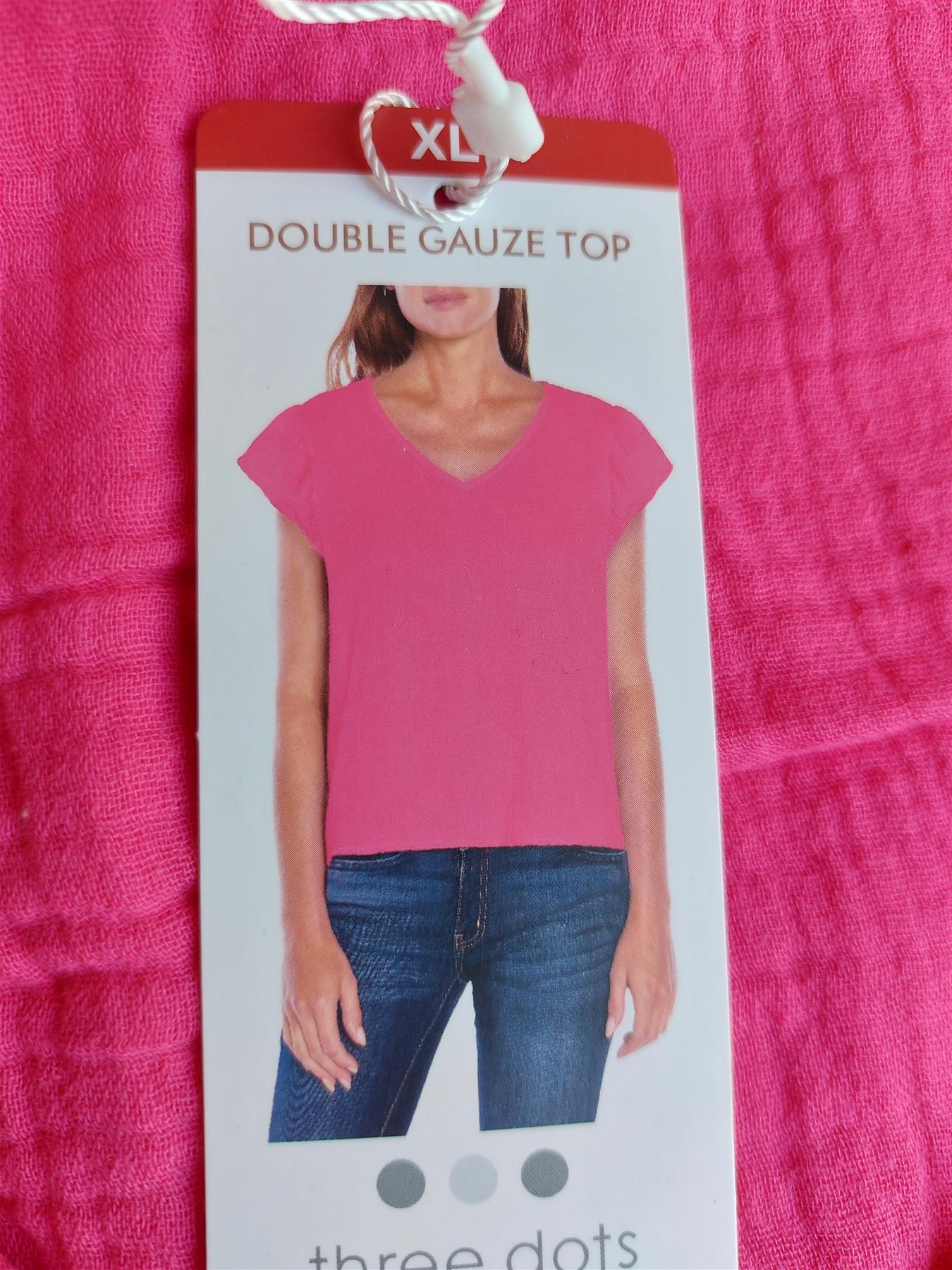 Three Dots Short Sleeve V-Neck Double Layer Cotton Gauze Blouse