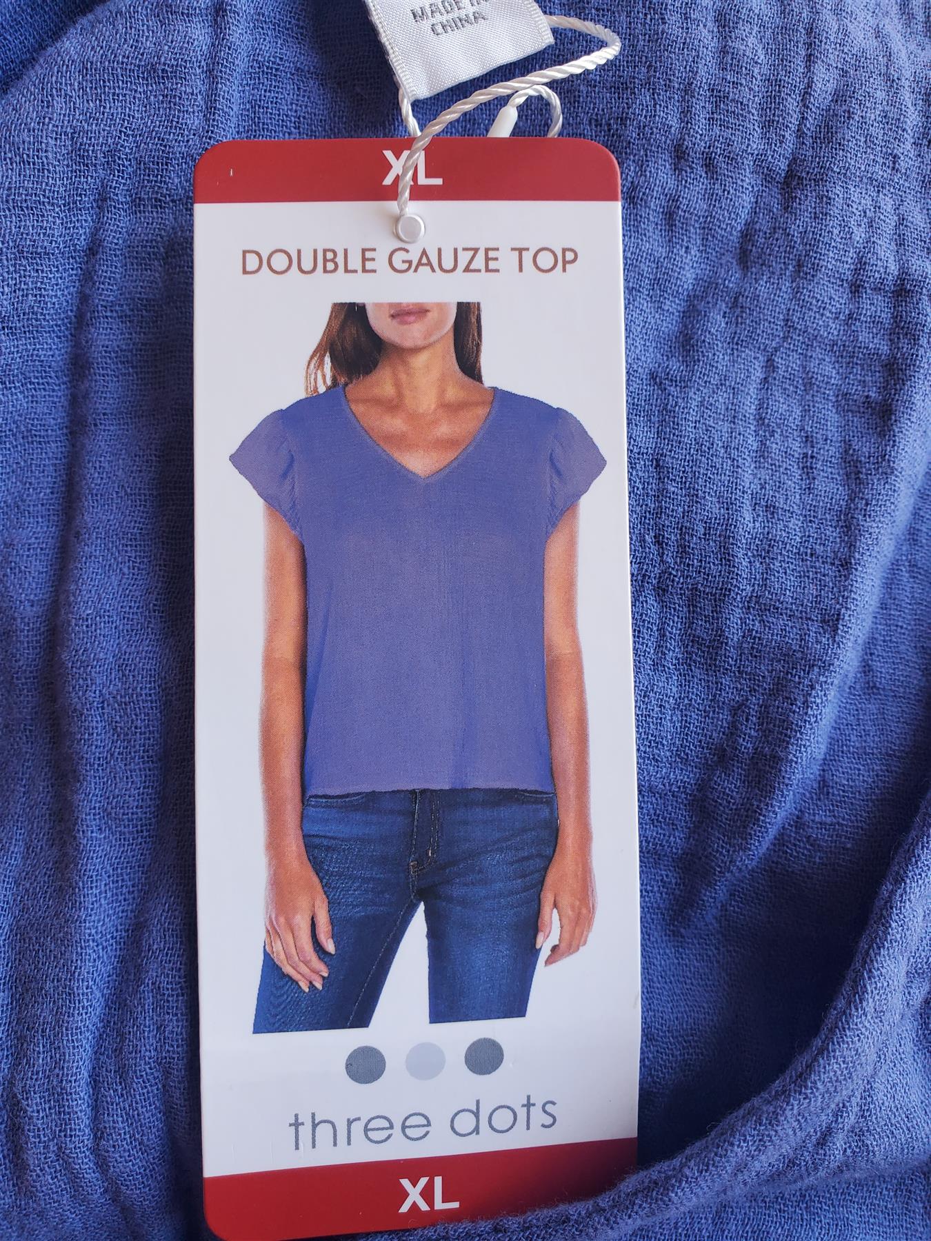 Three Dots Short Sleeve V-Neck Double Layer Cotton Gauze Blouse