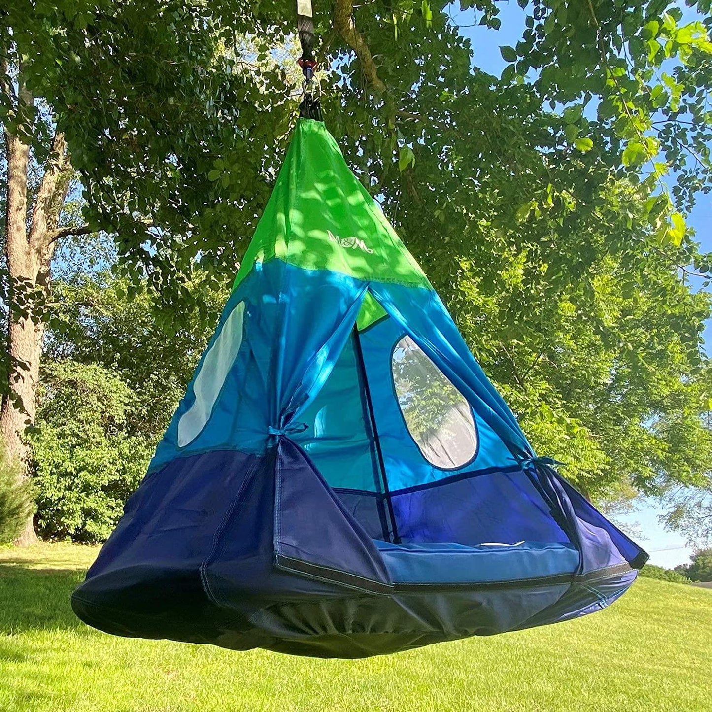 Outdoor Teepee Tent Swing, 40in Textilene Platform Swing, Colorful Detachable Tent, Hanging Tree Fort, 250 Lbs., Single or Multi-Rider, Swing and Spin.
