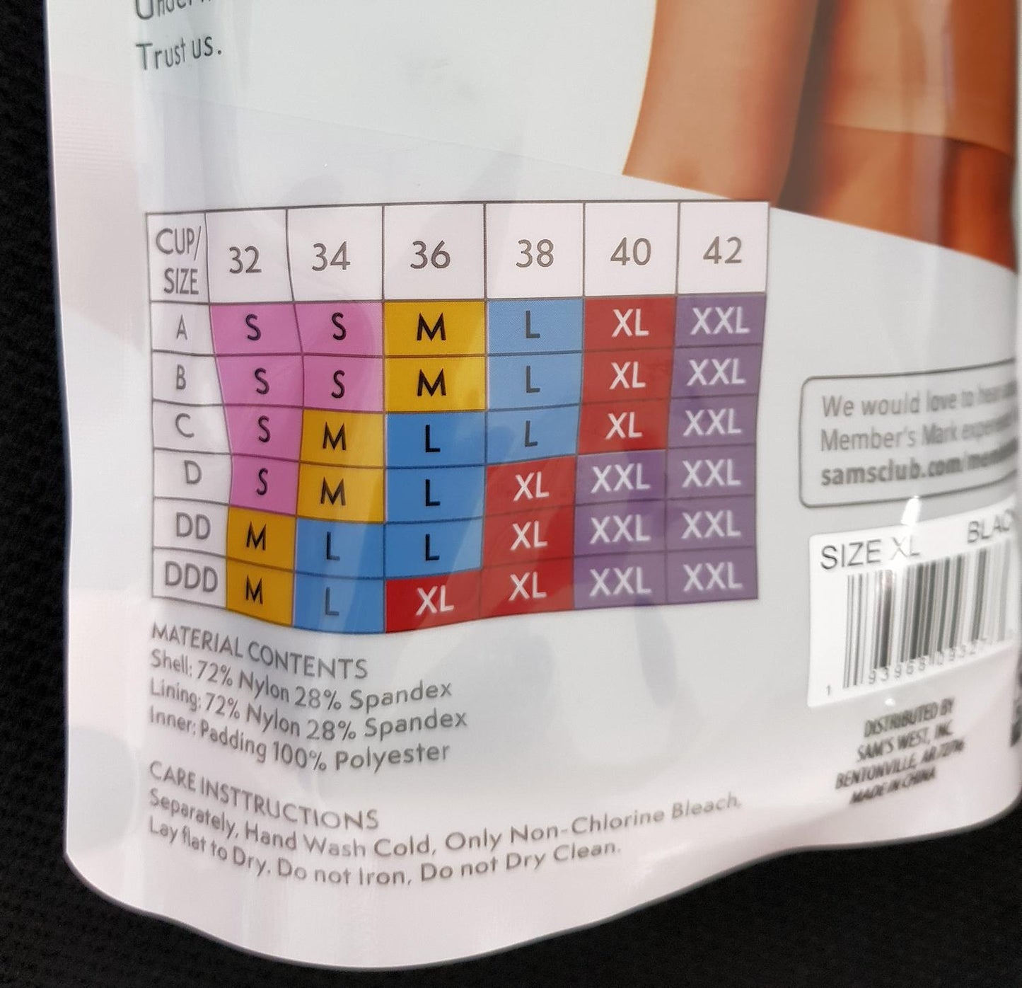 Member's Mark Ladies Invisible Comfort Bralette Black Size Small New