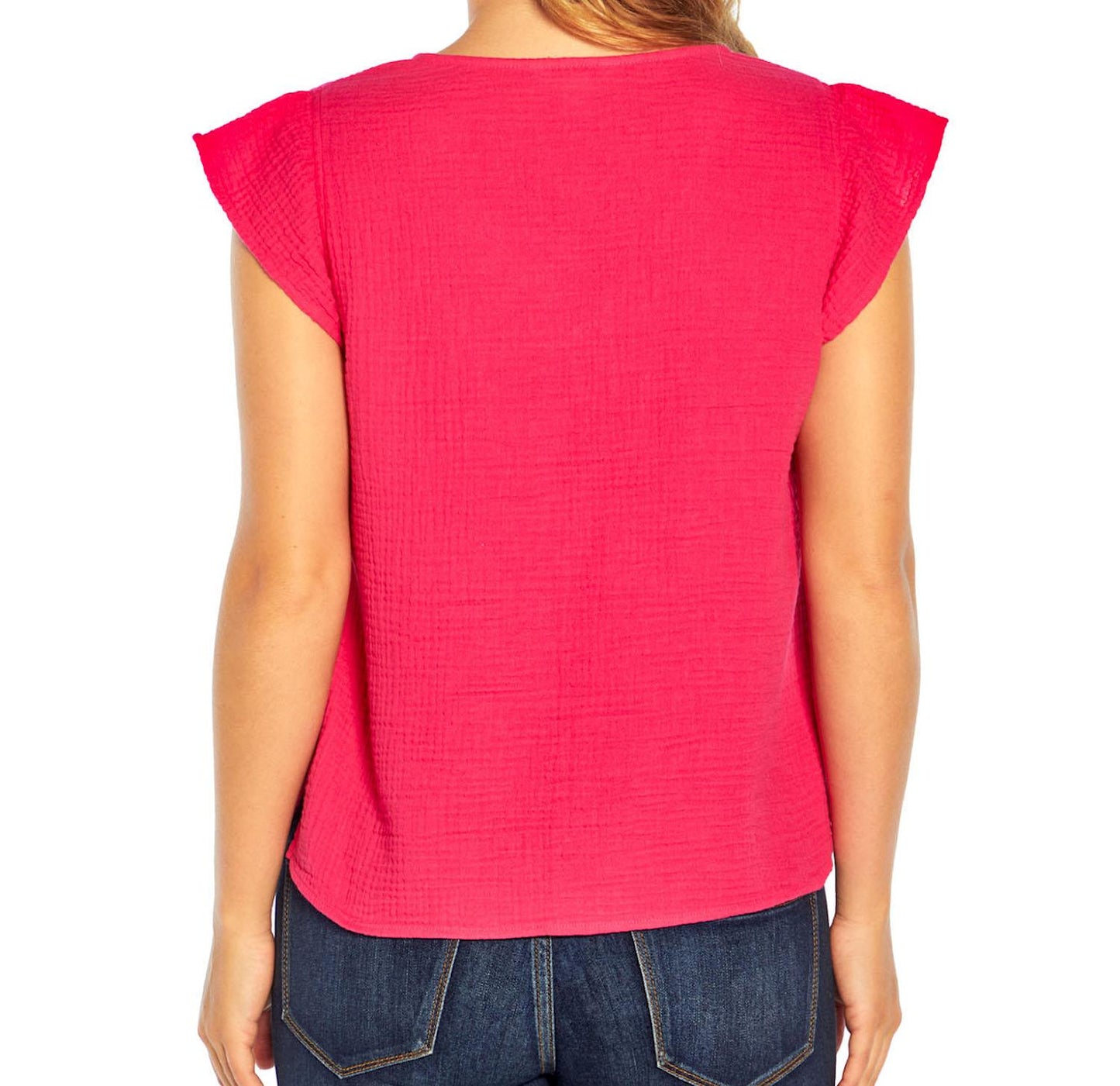 Three Dots Short Sleeve V-Neck Double Layer Cotton Gauze Blouse