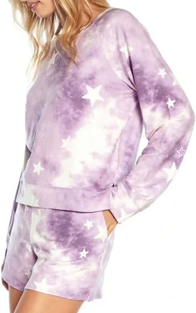 WILDFOX Ladies Sweatshirt & Short Lounge Set Purple Tie Dye Stars