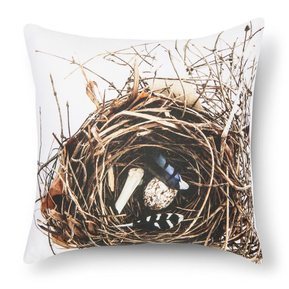 Feather and Nest Print Decorative Pillow 18 x 18 Multicolor Still by Mary Jo