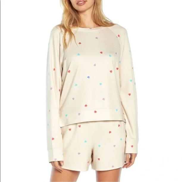 WILDFOX Ladies Sweatshirt & Short Lounge Set Oatmeal Hearts