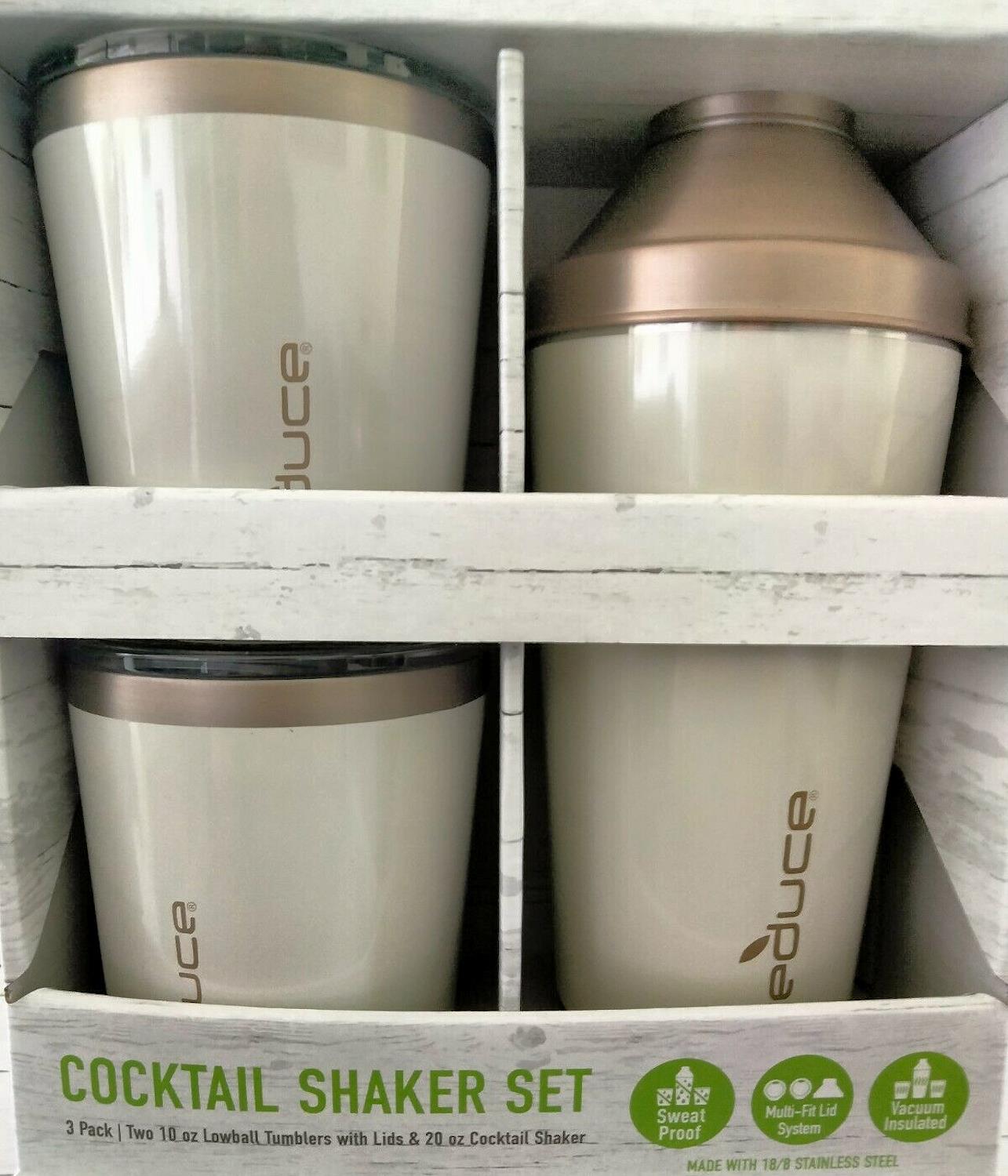 Reduce 3 Pc Cocktail Shaker with Two 10-oz. Lowball Tumblers with Lids Stainless Steel
