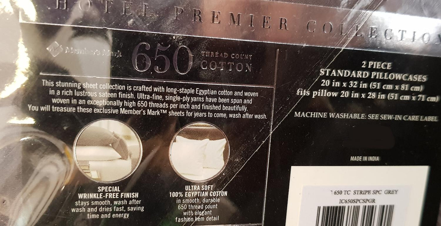 Hotel Premier Collection 650 Thread Count Egyptian Cotton Standard 2 Pc Pillowcase Set Tuxedo Stripe Gray