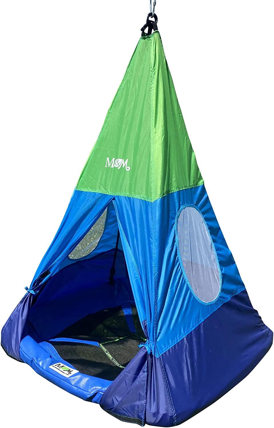 Outdoor Teepee Tent Swing, 40in Textilene Platform Swing, Colorful Detachable Tent, Hanging Tree Fort, 250 Lbs., Single or Multi-Rider, Swing and Spin.