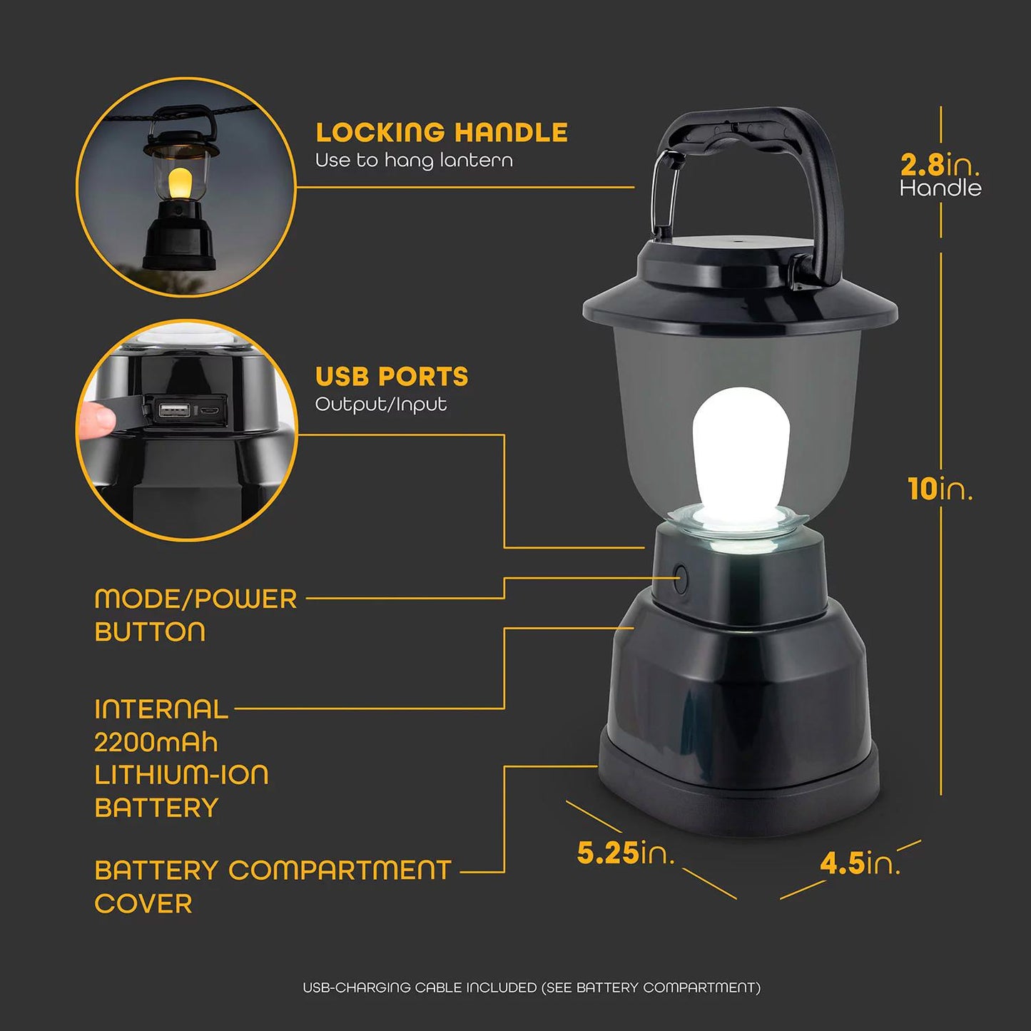 EcoScapes Dual Power LED Rechargeable Dimmable Lantern Black