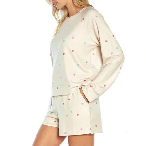 WILDFOX Ladies Sweatshirt & Short Lounge Set Oatmeal Hearts