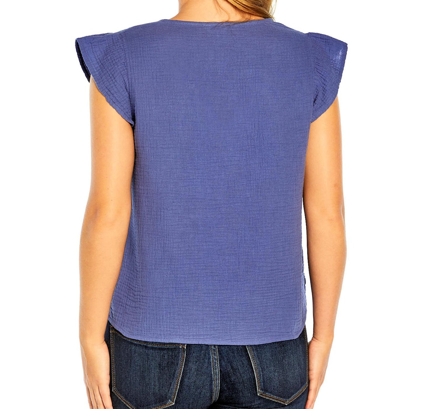 Three Dots Short Sleeve V-Neck Double Layer Cotton Gauze Blouse
