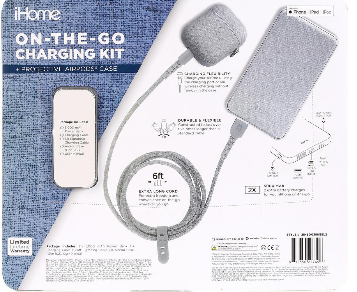 iHome On the Go 3-Piece Charging Bundle with Bonus AirPods Case Gray