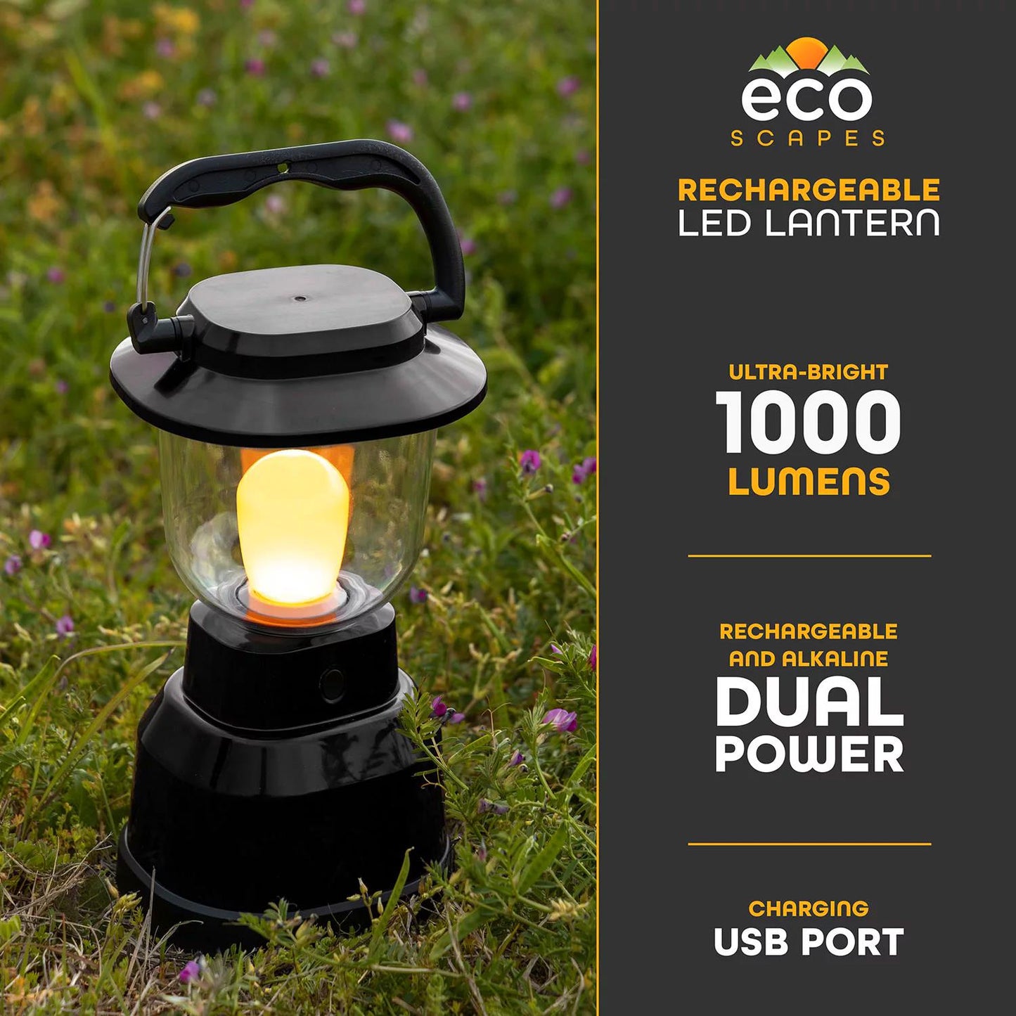EcoScapes Dual Power LED Rechargeable Dimmable Lantern Black