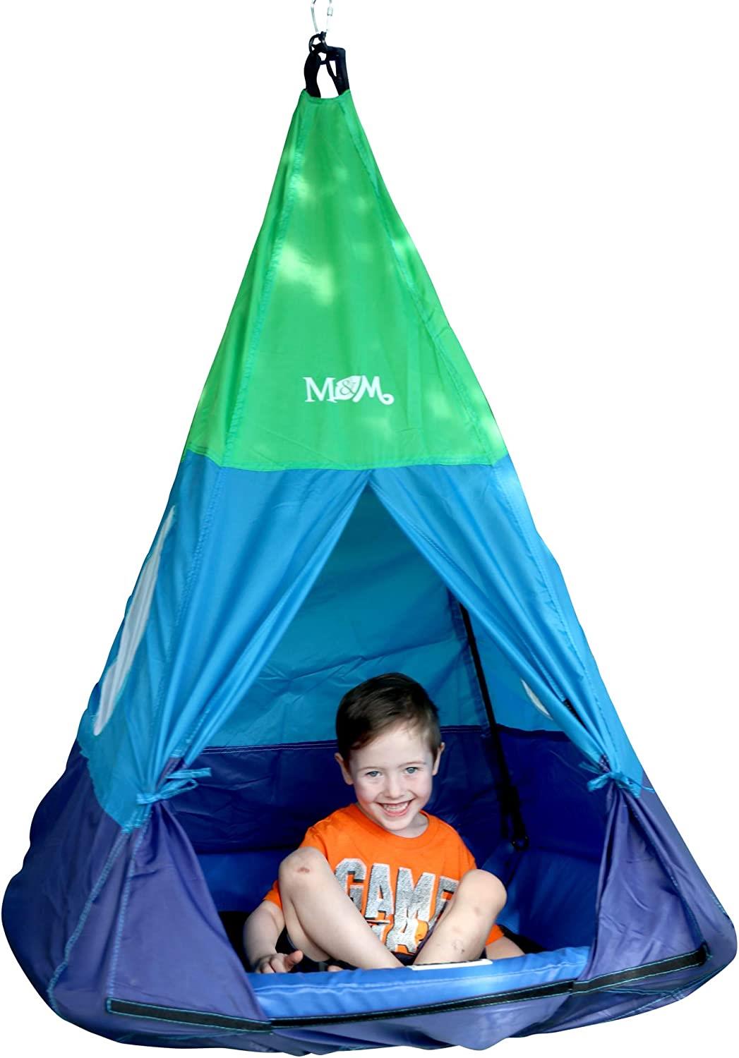 Outdoor Teepee Tent Swing, 40in Textilene Platform Swing, Colorful Detachable Tent, Hanging Tree Fort, 250 Lbs., Single or Multi-Rider, Swing and Spin.
