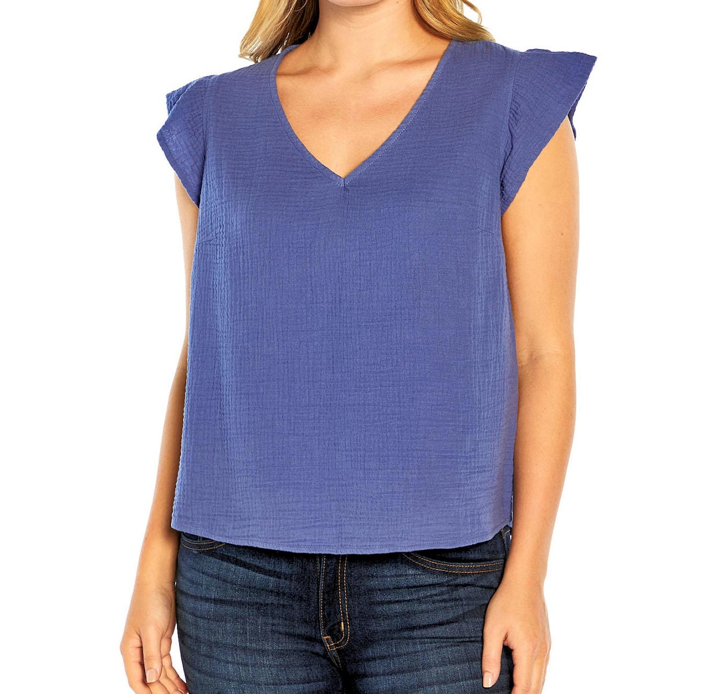 Three Dots Short Sleeve V-Neck Double Layer Cotton Gauze Blouse