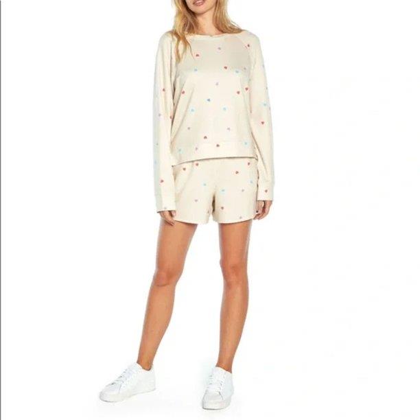 WILDFOX Ladies Sweatshirt & Short Lounge Set Oatmeal Hearts