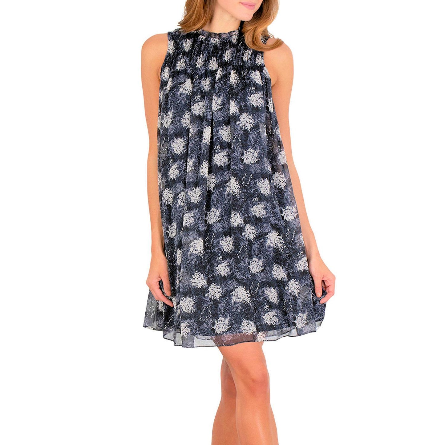 Joie Limited Edition Sleeveless Sheer Overlay Mini Dress Baltic Print Blue