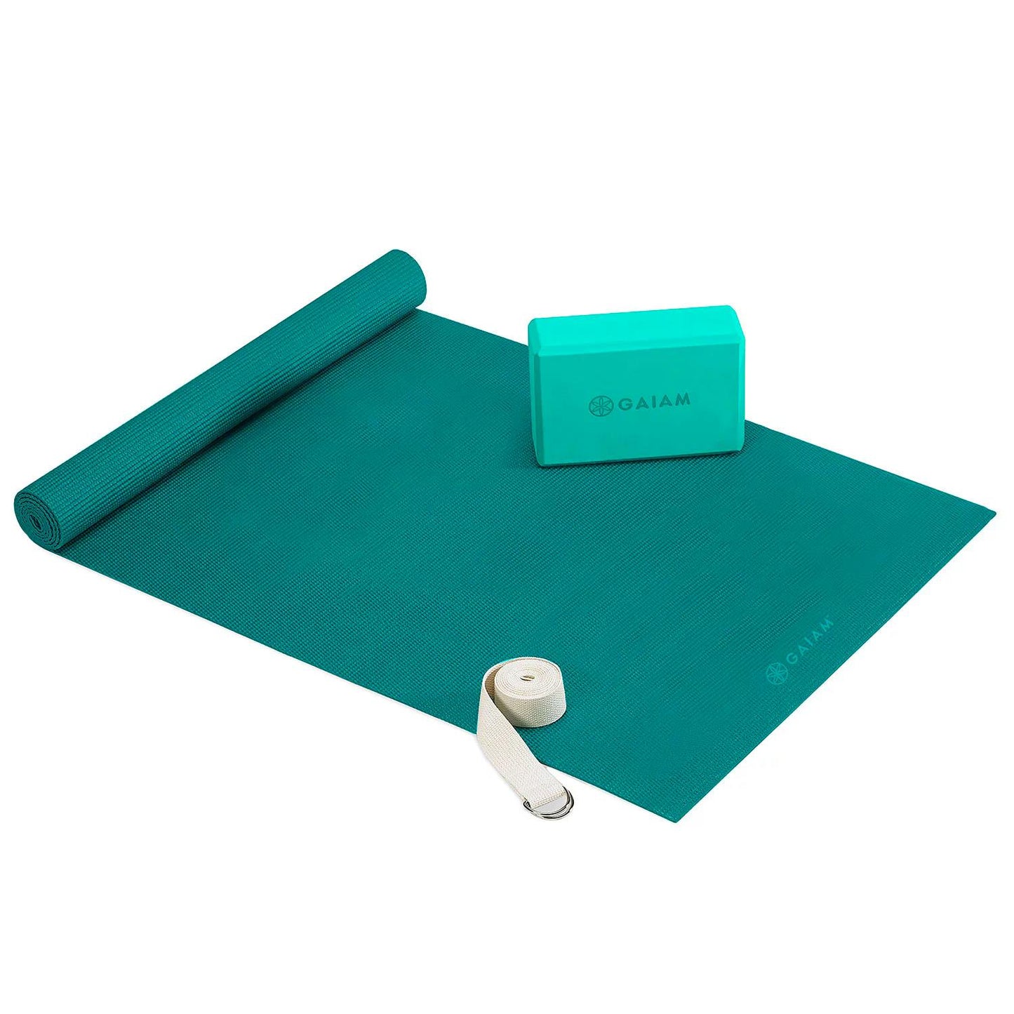 Gaiam 4mm Beginners Yoga Kit (Non-Slip Mat, Block and Strap) Teal